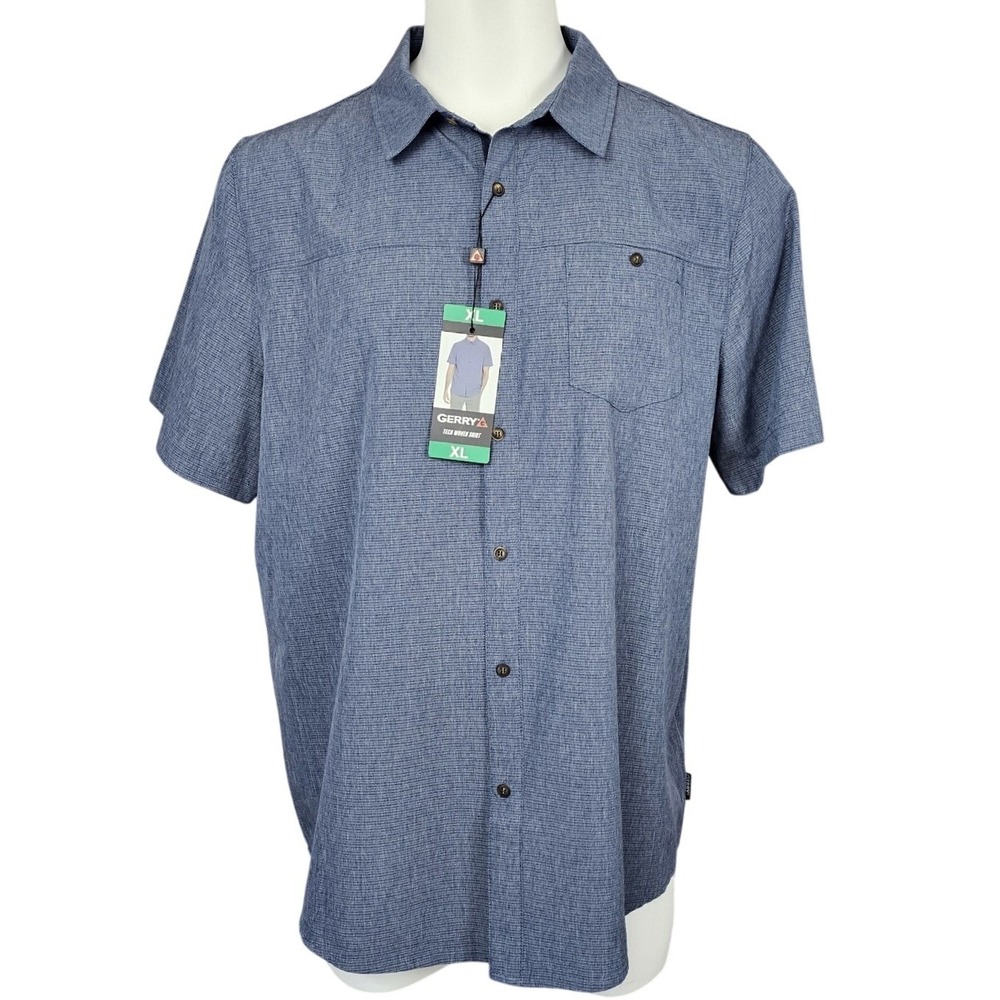 Gerry Mens XL Heathered Navy Woven Tech Quick Dry S/S Shirt Stretch